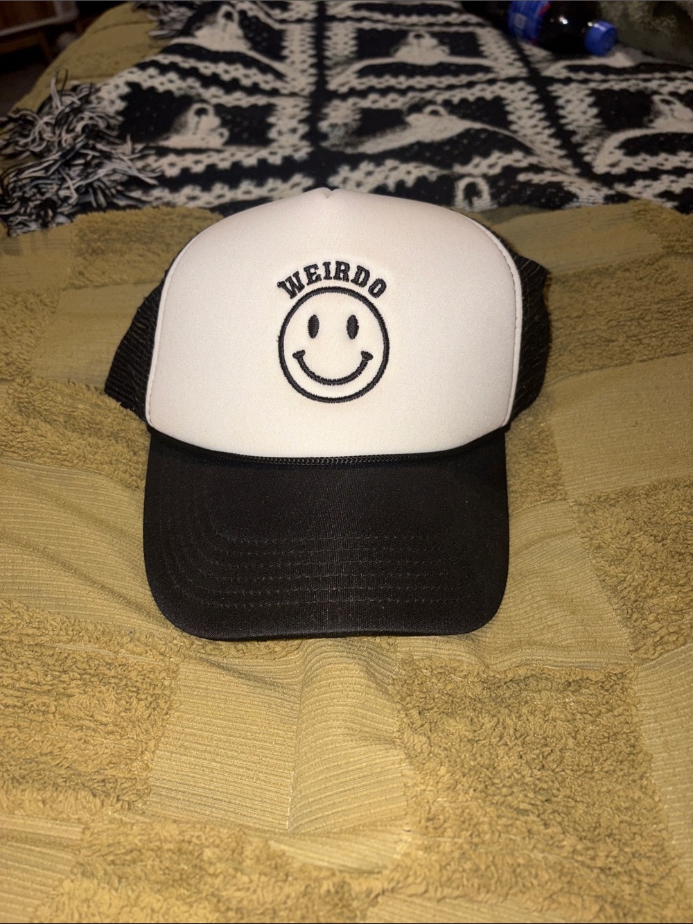 Black & White 'WEIRDO' Smile Trucker Hat